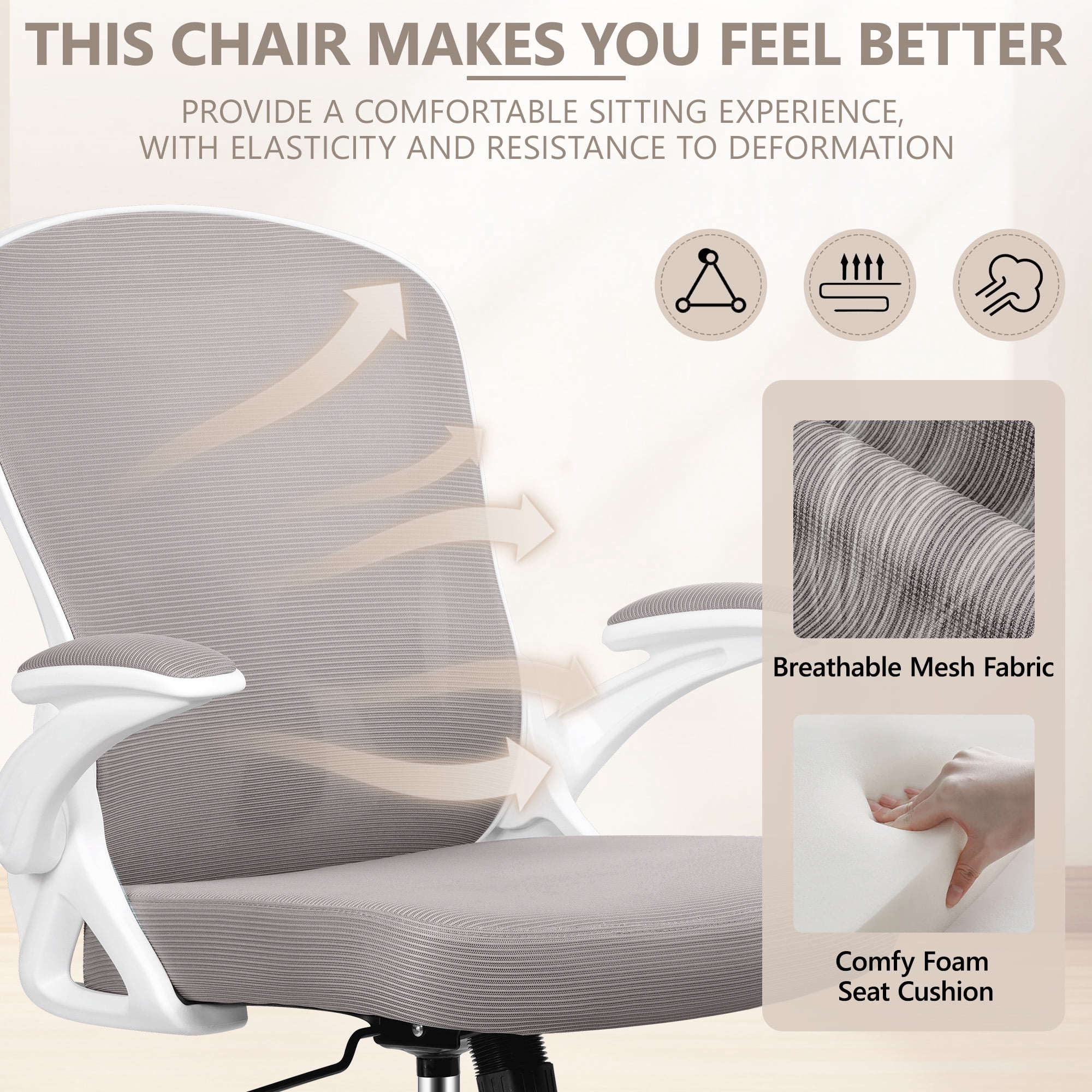 ATHOPE Office Chair, Ergonomic Desk Chair with Flip Up Armrests, Height Adjustable Computer Chair with Lumbar Support, Gray