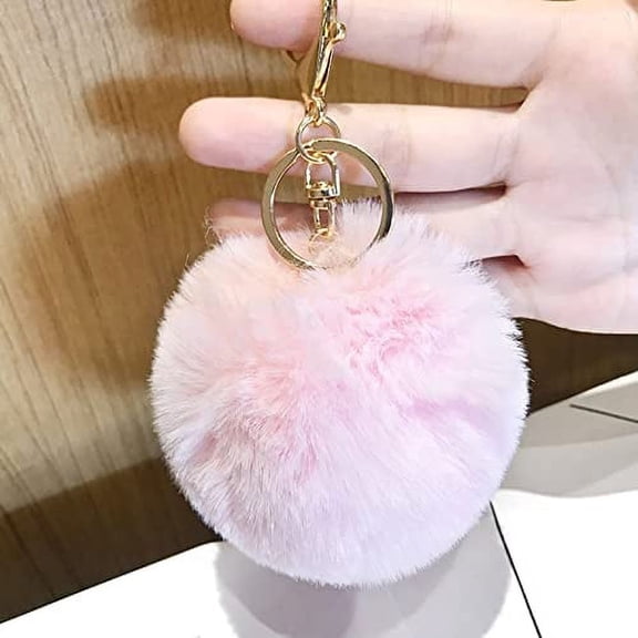 Pink Fluffy Pom Pom Keychain, Purse Charms for Women, Cute Car Key Decor Purse Handbag Charm