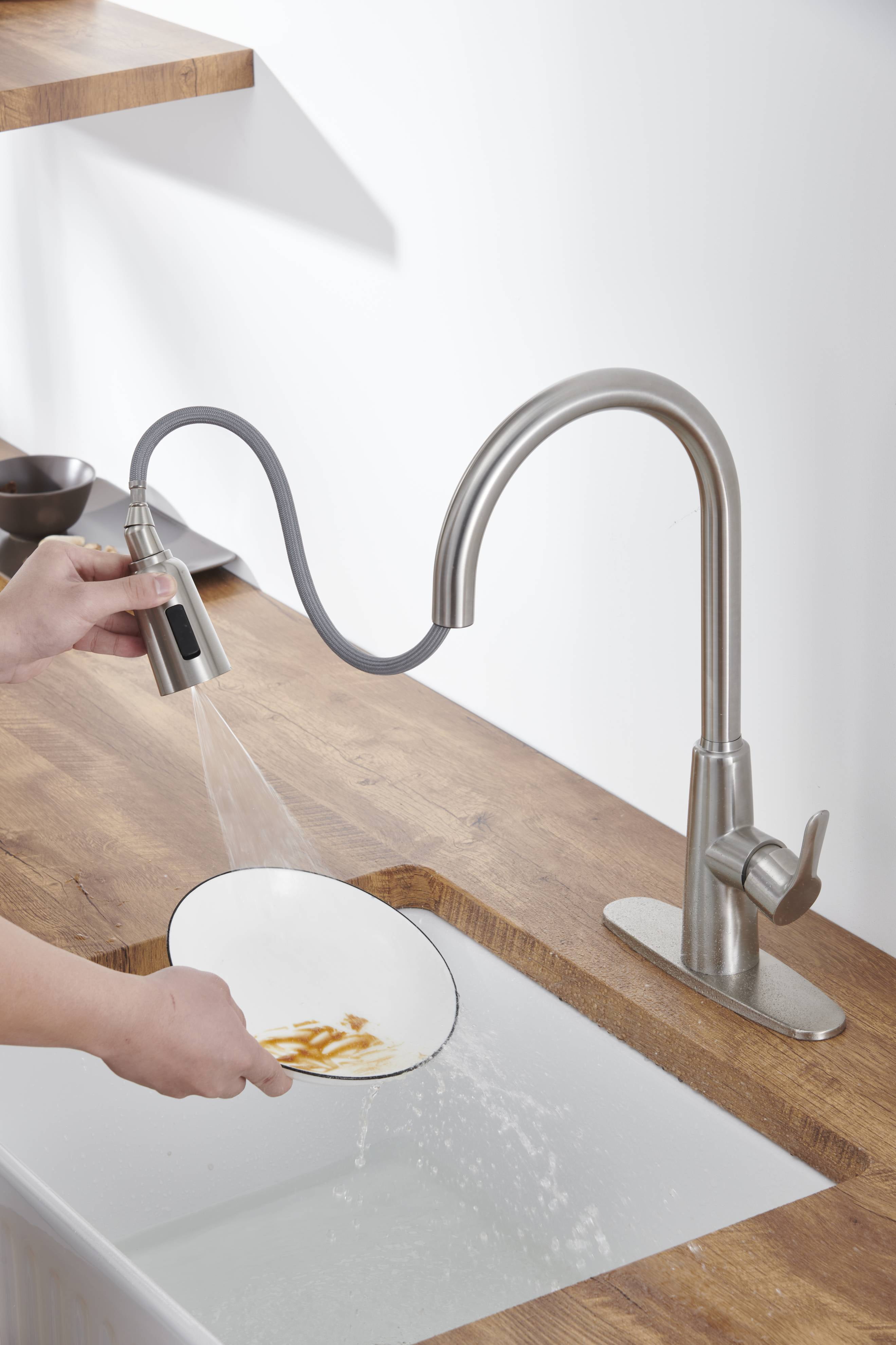 Izzovium Stainless Steel High Arc Kitchen Sink Faucet with Pull Out Sprayer, Brushed Nickel Finish, 3-Way Setting Single Handle, Deck Plate Included, Modern Design