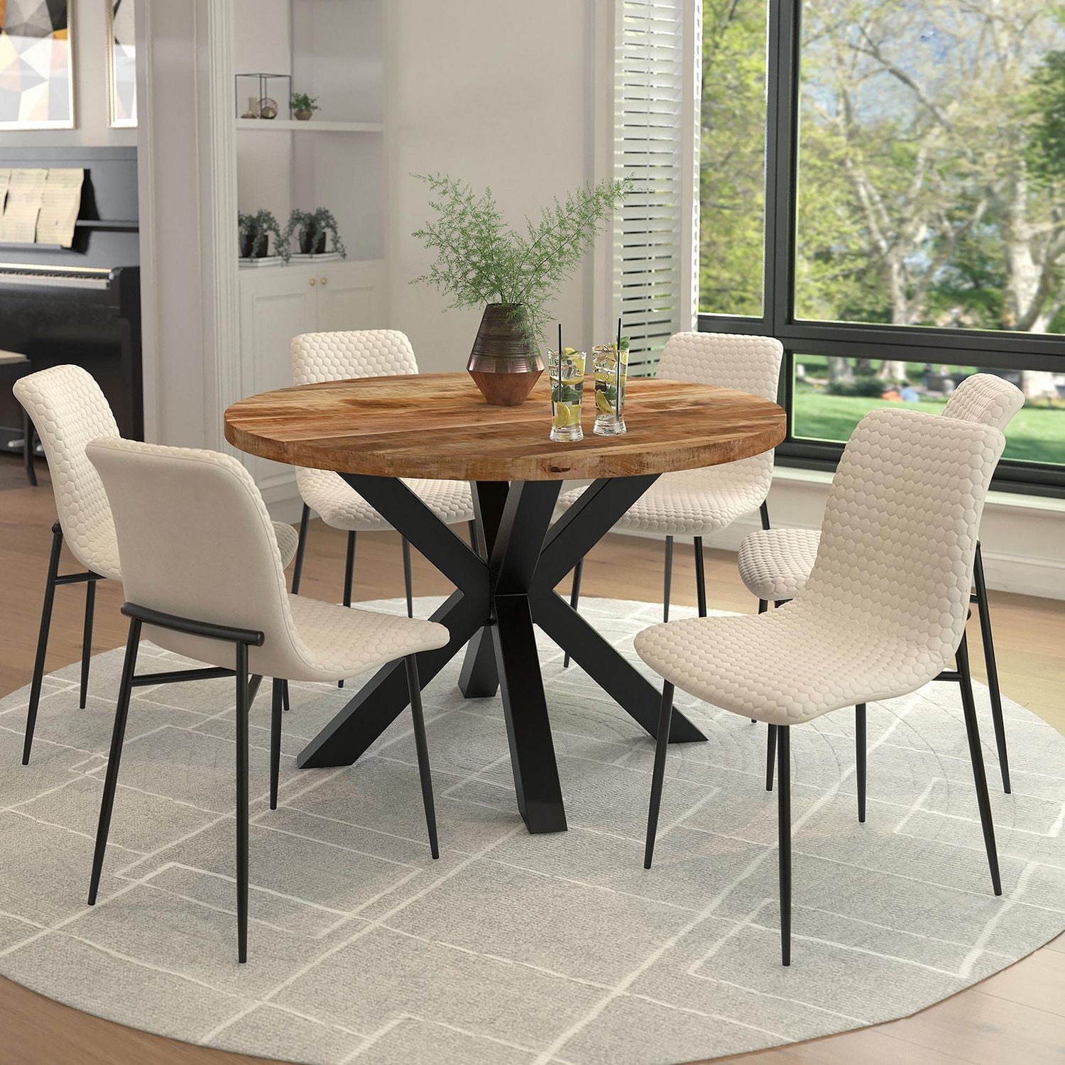 Contemporary Fabric and Metal Dining Chair, Set of 2 - Beige and Black
