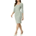 thumbnail image 4 of INSPIRE CHIC Women's Plaid Dress Square Neck 3/4 Sleeve Bodycon Midi Work Dress XS Green, 4 of 6
