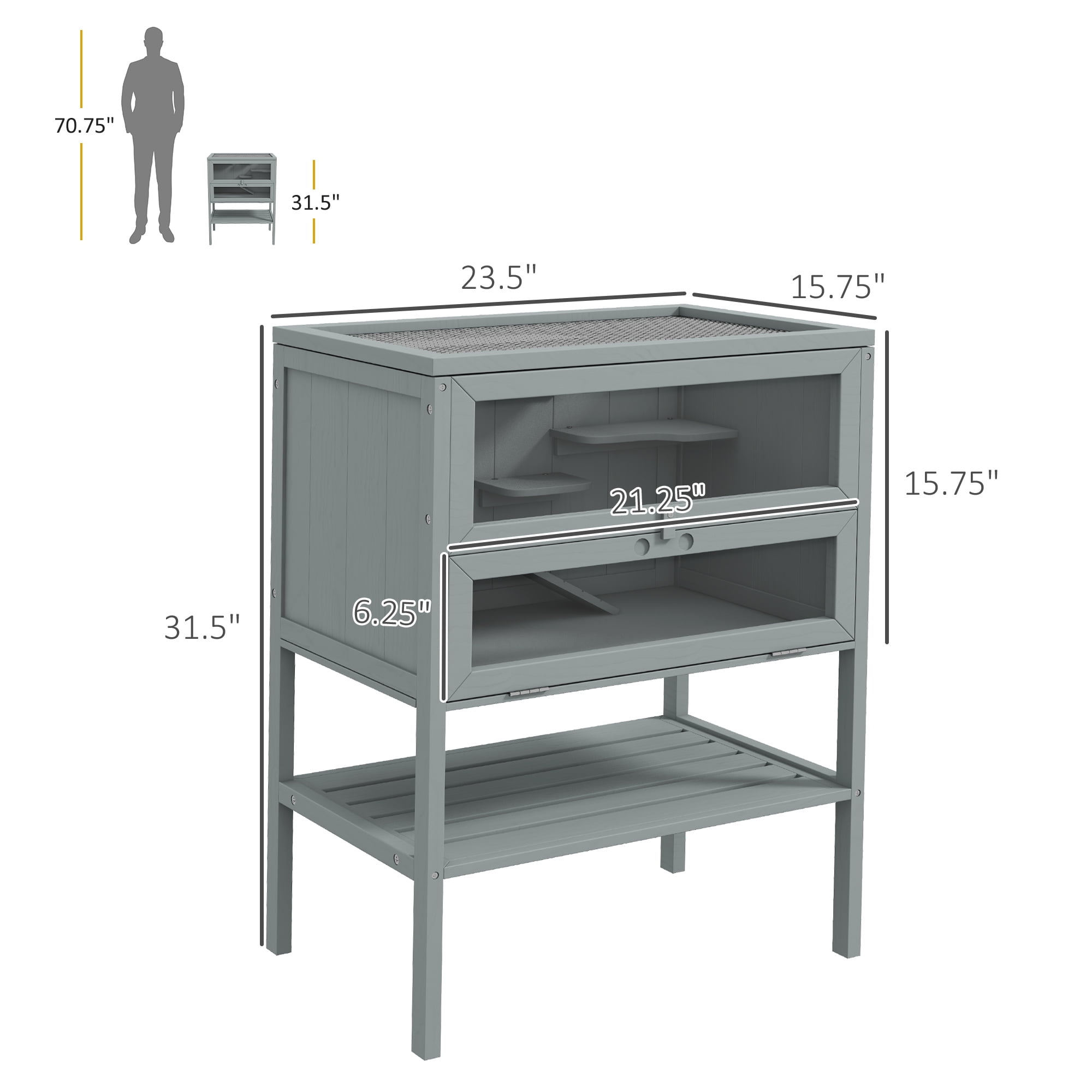 PawHut 3-Tier Wooden Hamster Cage w/ Openable Top, Front Door, Shelf, Gray