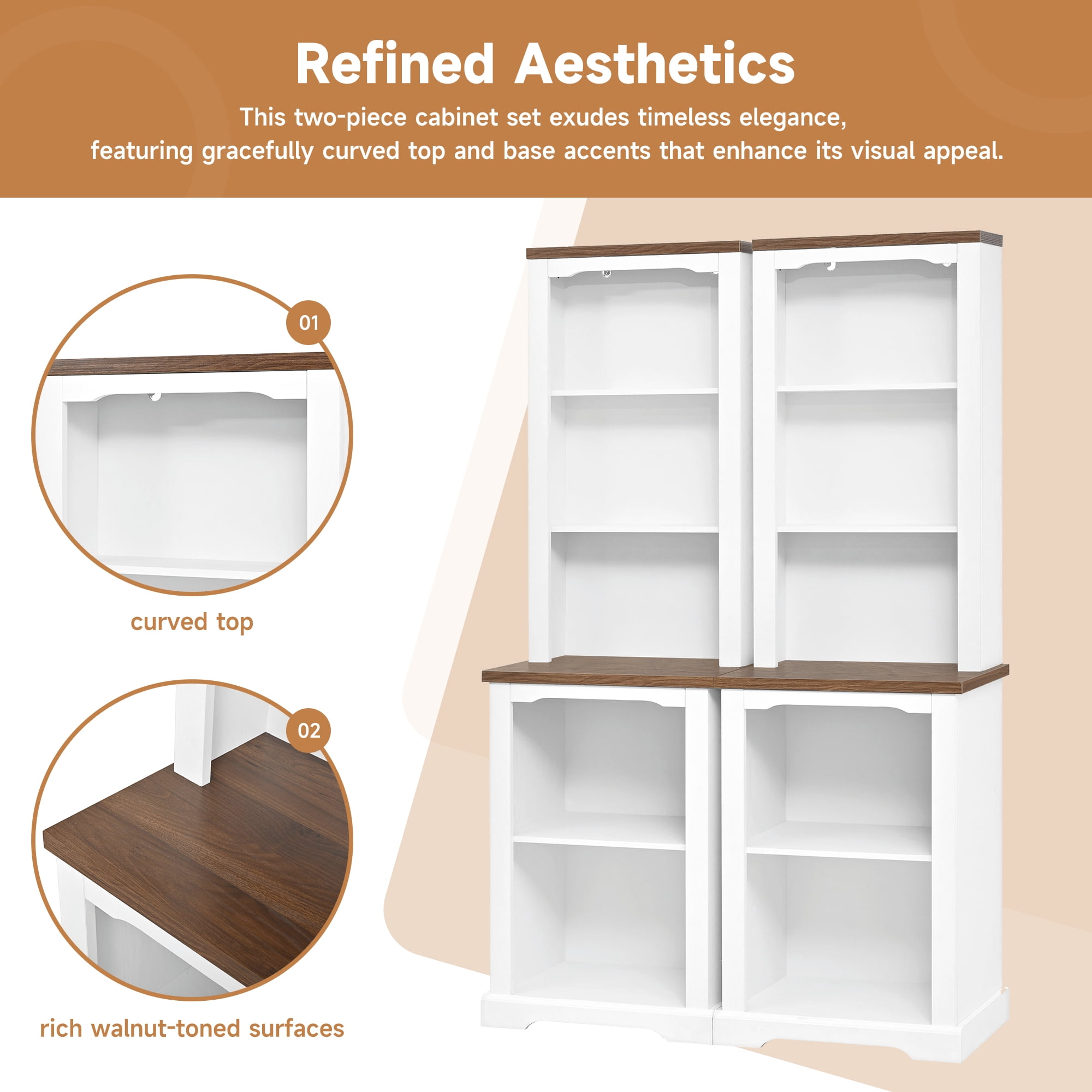 Homy Casa 66 Inch 2 Piece Storage Cabinet Set with Open Shelves and Walnut Top for Living Room White