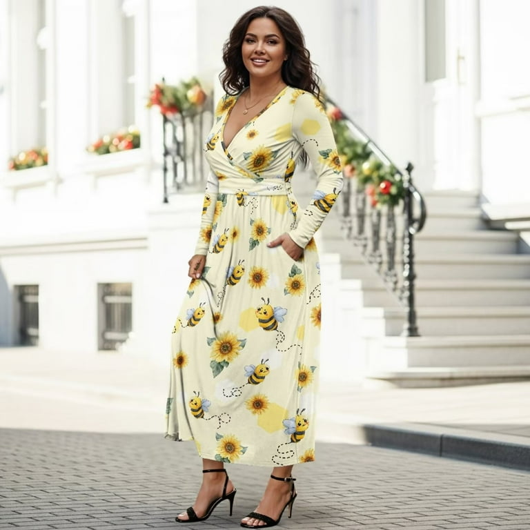 Fkelyi Womens Long Sleeve Fall Dress V Neck Casual Maxi Dress with Pockets Sunflower Bee Print Soft A-Line Flowy Tiered Waist Dresses for Ladies, 2XL,