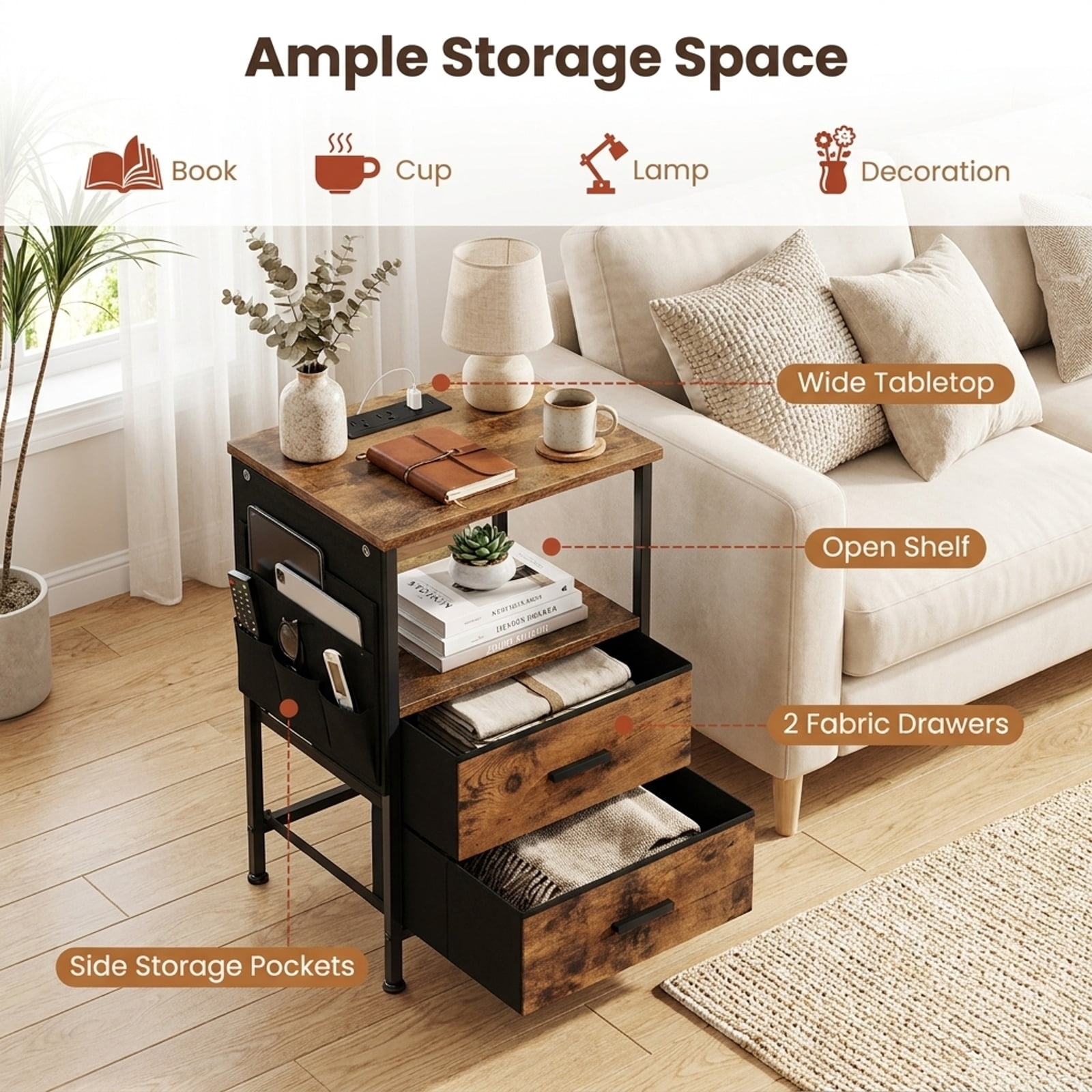 Furnibear End Table with Charging Station Set of 2 Nightstand with 2 Folding Fabric Drawers for Bedroom Living Room Bedside Sofa Side Small, Coffee