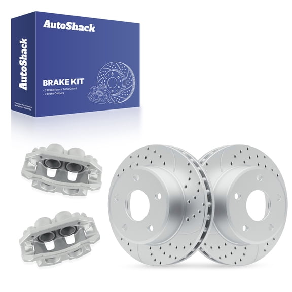 AutoShack Front Vented Drilled & Slotted Coated Brake Rotors Silver Matte Finish   Calipers 4-PC Brake Kit Replacement for 2009-2011 Dodge Dakota 2011 Ram Dakota TurboGuard 12.28" (312 mm)