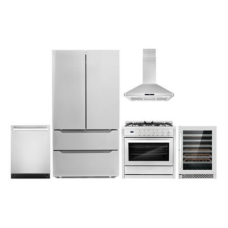 Cosmo 5 Piece Kitchen Appliance Packages with 36  Freestanding Gas Range 36  Island Range Hood 24  Built-in Fully Integrated Dishwasher French Door Refrigerator & 48 Bottle Wine Refrigerator