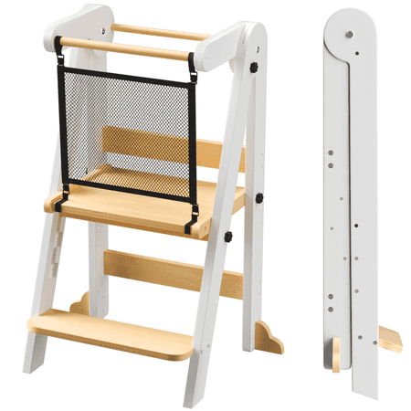Homlux Foldable Toddler Kitchen Tower, Wooden Step Stool with 3 Adjustable Heights, Toddler Standing Tower with Safety Net (White & Nature)