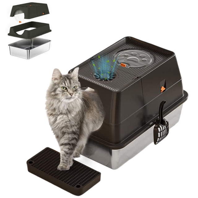 Ourlova Stainless Steel Litter Box with Lid Extra Large High Sided Cat Litter Trays Enclosed Litter Box with Cat Litter Mat And Scoop Easy Clean Detachable