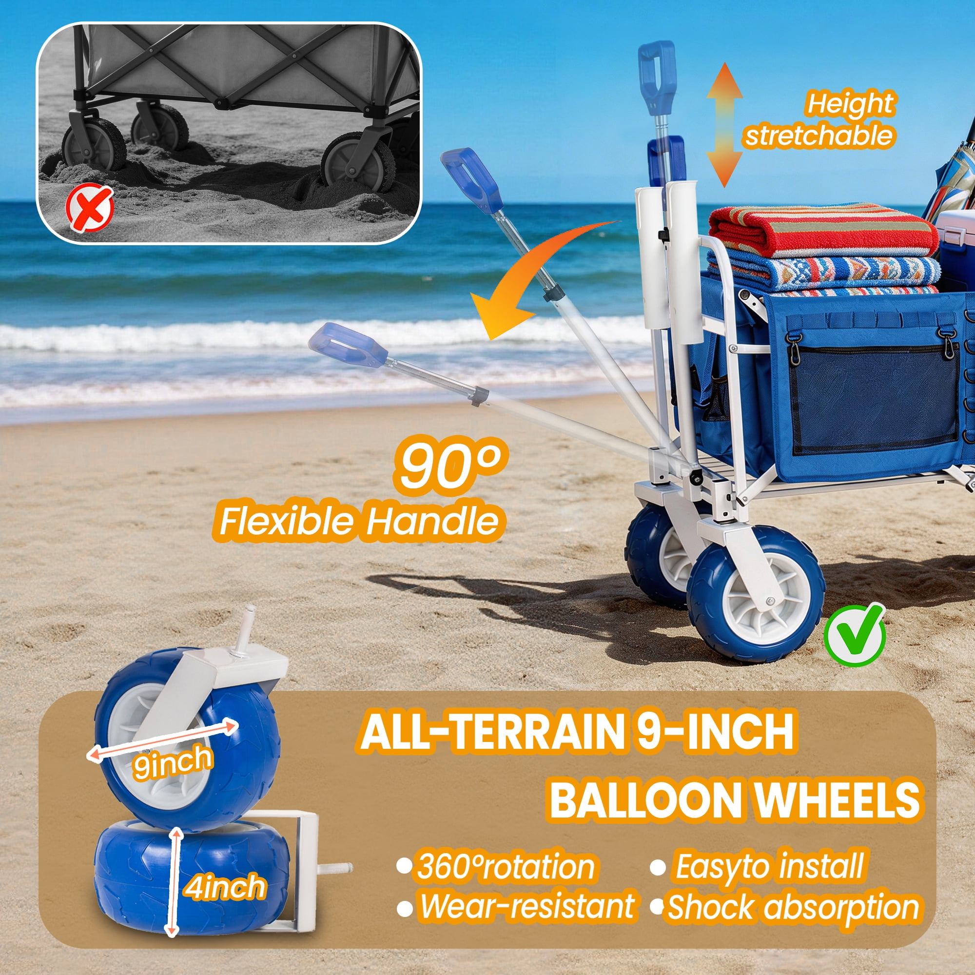 Beach Wagon Cart Chair Racks Fishing Rod Holders 9 Inch All-Terrain Wheels 500lbs Heavy Duty Collapsible Removable Cooler Storage Bags Beach Camping Fishing Garden Outdoor Sports Blue