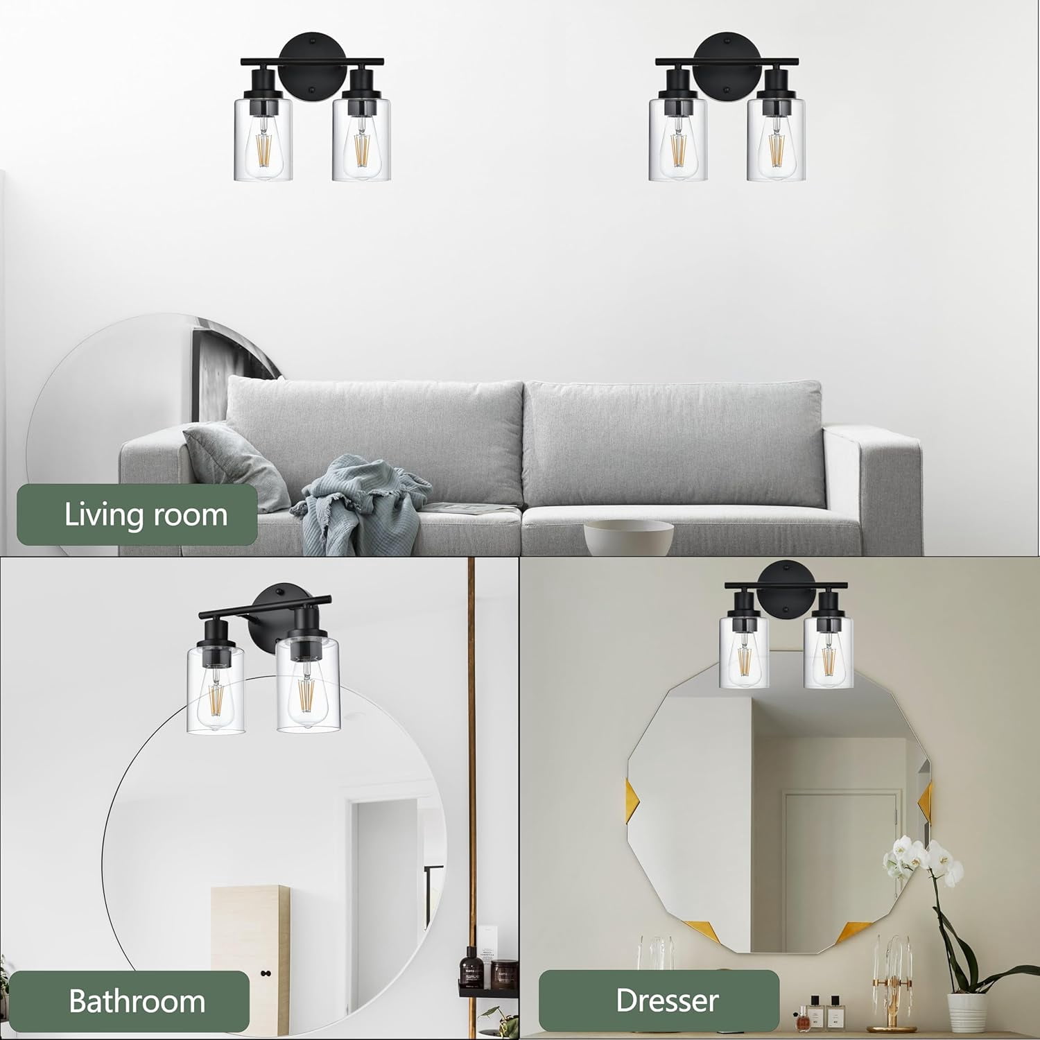 Melucee 2-light Vanity Light with Round Plate – Black Modern Bathroom Light Fixture, Dimmable Wall Sconce for Mirror, Bedroom, Makeup Area