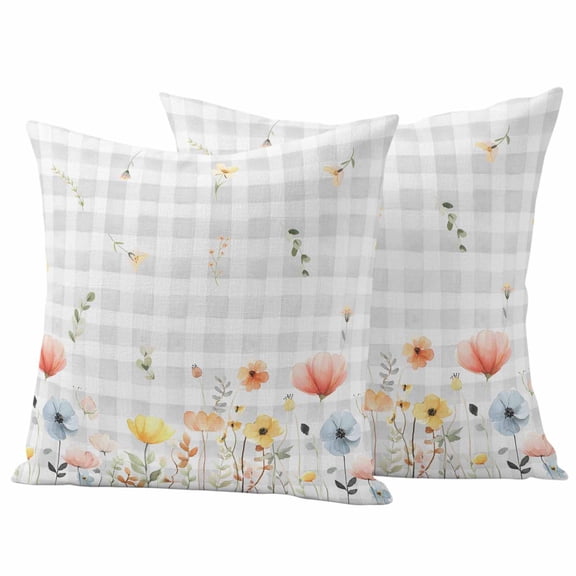 Botanical Wildflowers Outdoor Waterproof Pillow Covers, Spring Farmhouse Floral Grey Plaid Decorative Square Throw Pillowcase Sofa Cushion Sham for Patio/Couch/Chair, 16"x16" 2 Pack