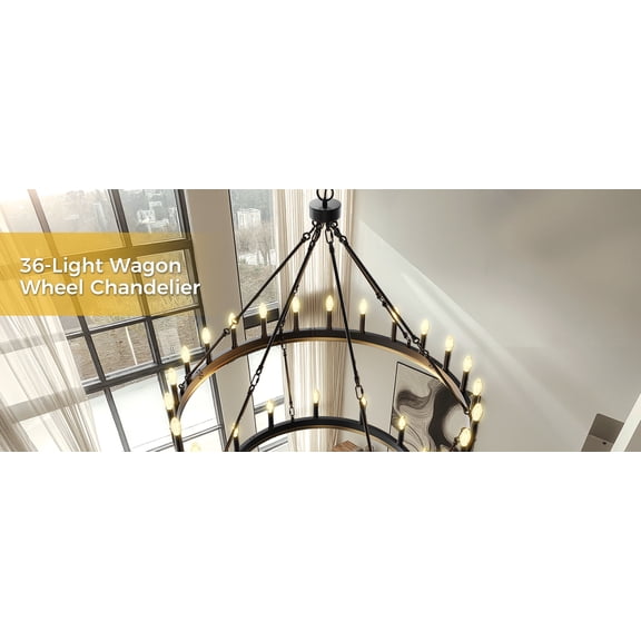 YANSUN 36-Light Wagon Wheel Chandelier, Adjustable Height, Black Gold Metal Two-Tier Rustic Industrial Chandelier Light for Dining Room Living Room