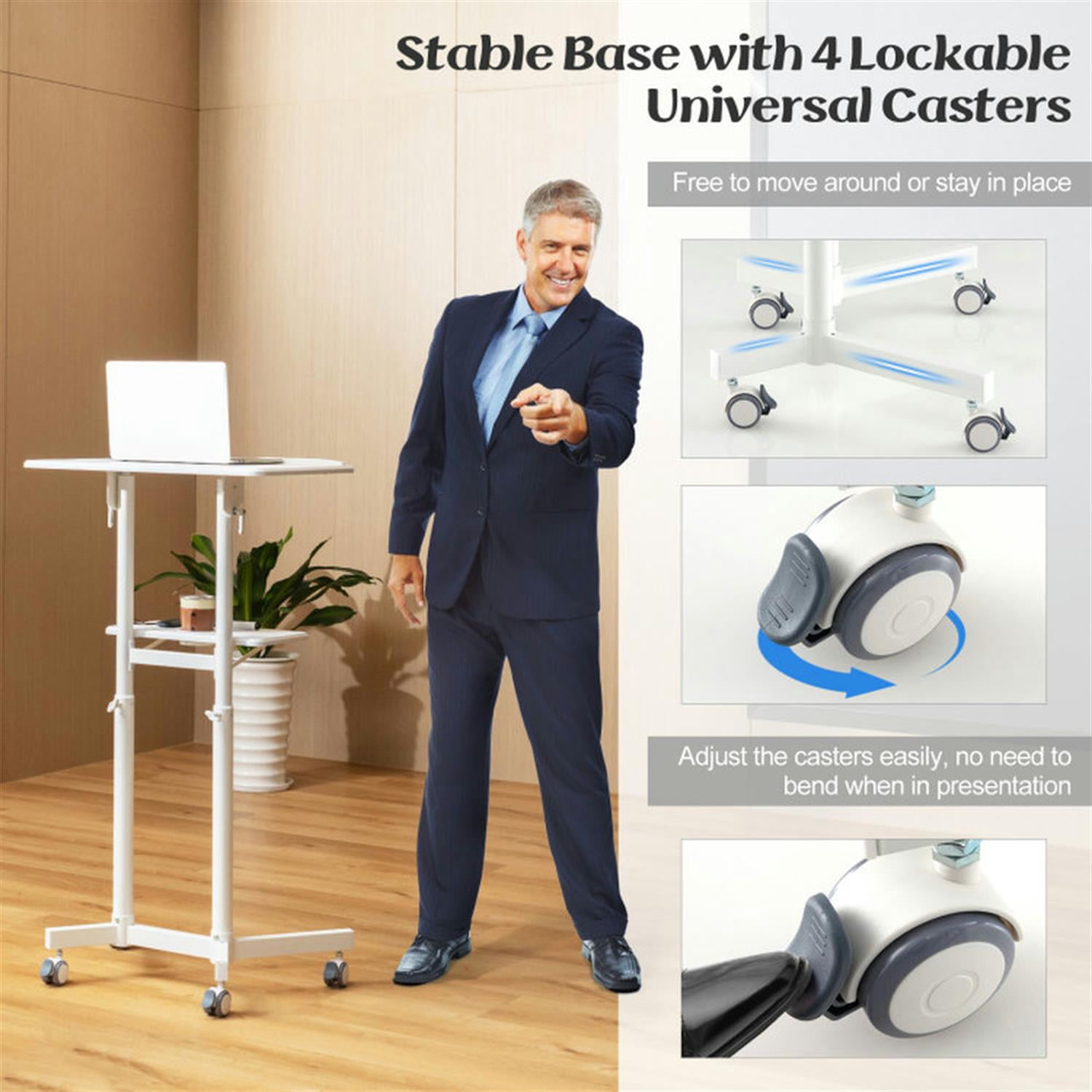 Demi Bonn Mobile Lectern Podium Height-adjustable Rolling Laptop Cart with Tilting Top Storage Tray for Laptops, Books, Tablets, and Art, White