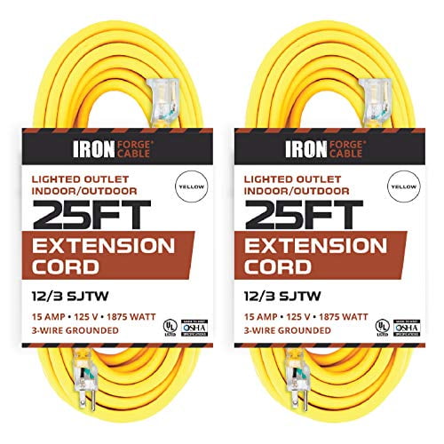 2 Pack of 25 Foot Outdoor Extension Cords 12/3 SJTW Heavy Duty