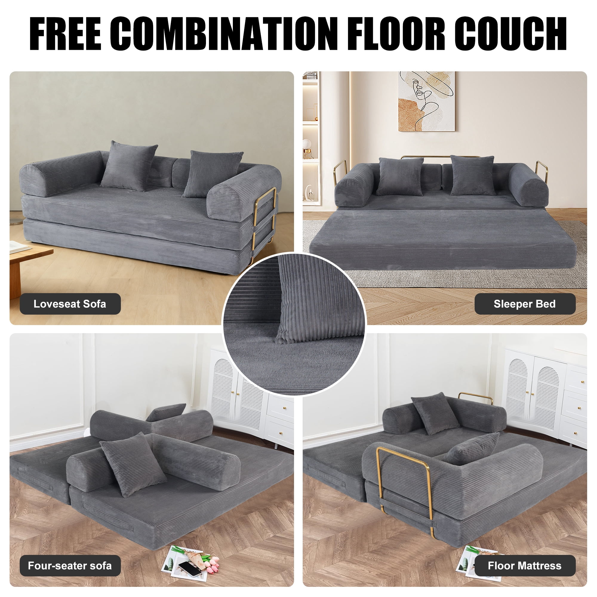 2-in-1 Foldable Sofa Bed 75 Inch Folding Couch Convertible Compressed Sleeper Sofabed Memory Foam Faux Fur Upholstered Cloud Couch Mattress Bed 2 Pillows Grey Ash