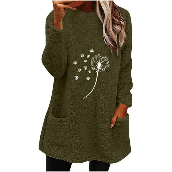 Lovskoo Fuzzy Fleece Pullover Tops for Women Winter Warm Round Neck Printed Long Sleeve with Pocket Solid Color Warm Top Olive Green