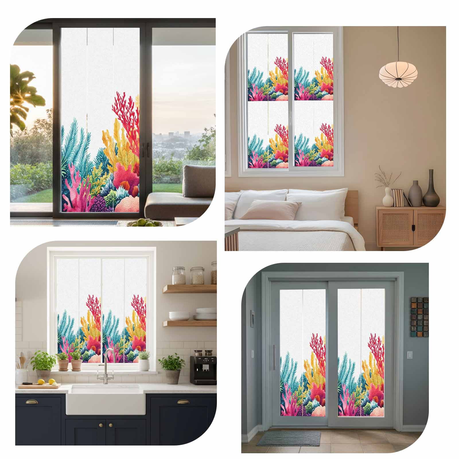 Ocean Coral Window Privacy Film, Summer Underwater Plant Watercolor Style Coastal Frosted Glass Window Clings Static Cling UV Heat Blocking Reusable Door Sticker for Bathroom 23.6 x 59 Inch