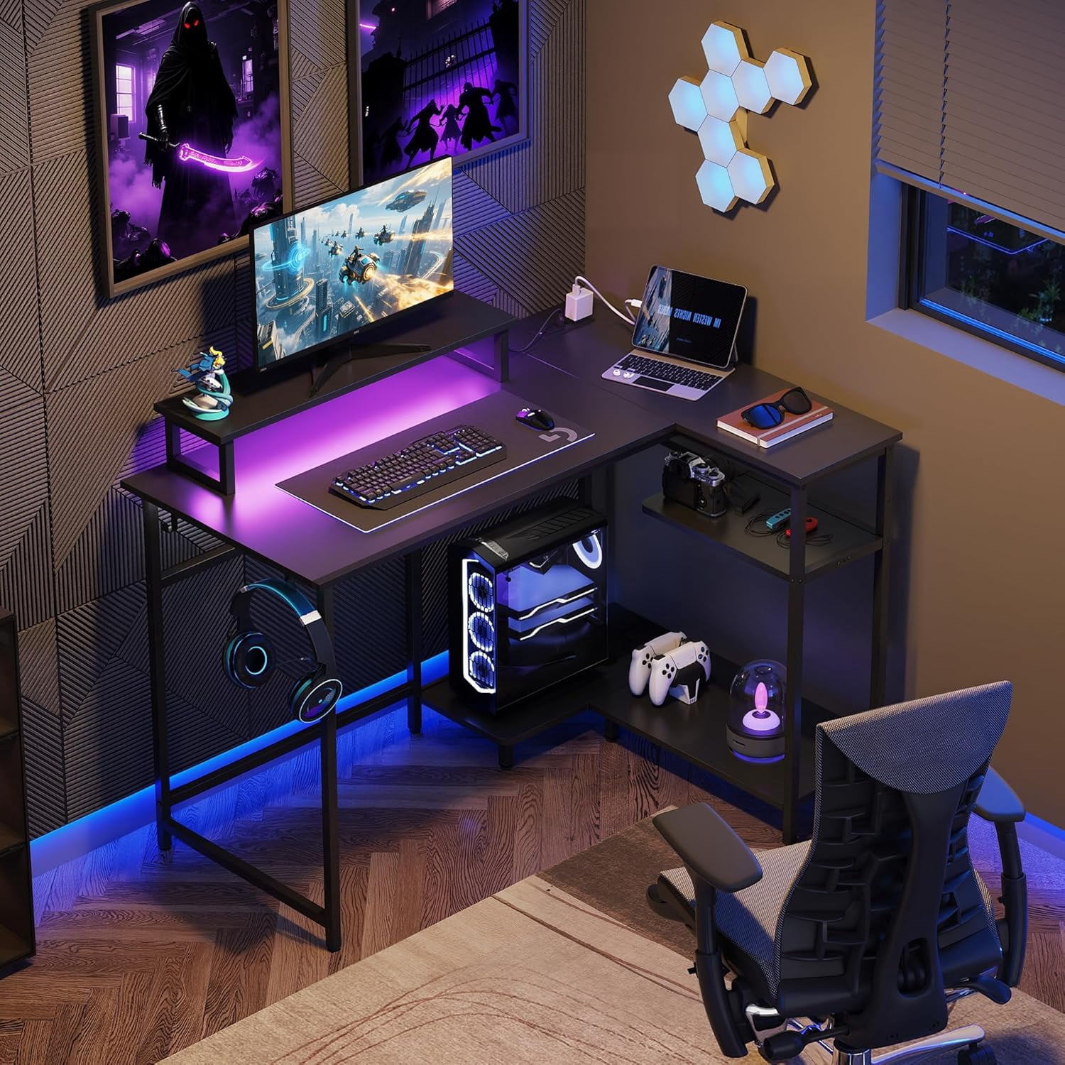 43 Inch L Shaped Gaming Desk with LED Lights & Power Outlets, Corner Desk for Small Spaces, Sturdy PC Computer Table with Storage for Home Office, Black