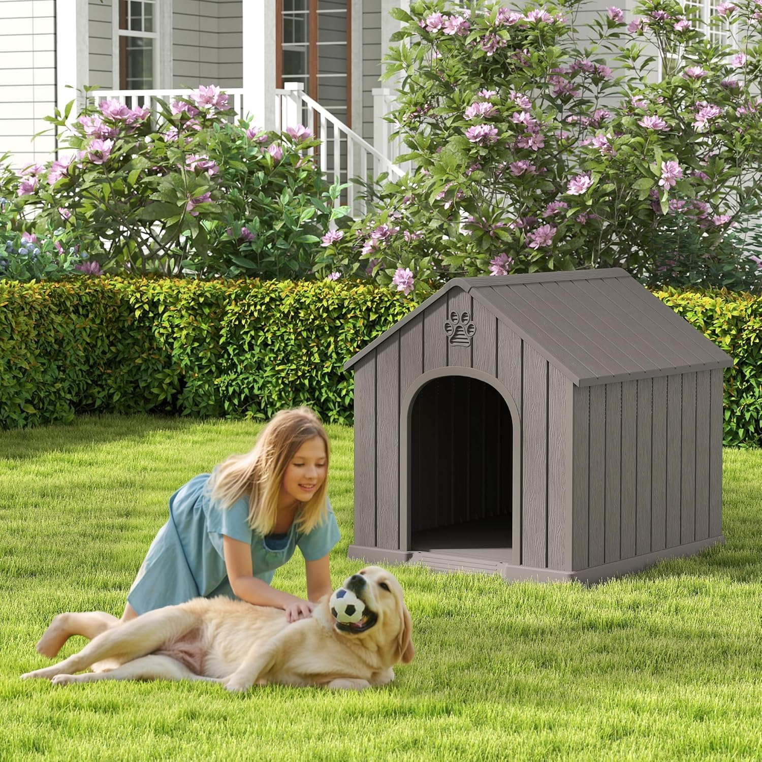 Large Dog House Outdoor Indoor, Durable Plastic Waterproof Doghouse with Air Vents and Elevated Floor, Easy Clean and Assemble for Medium Large Dogs (Classic Grey, 36.2''L×38''W×38''H)