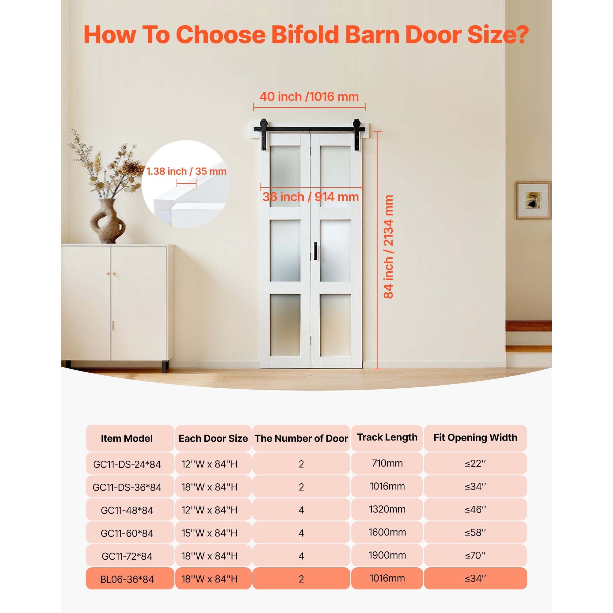 KFFKFF Bifold Barn Door, 36" x 84", Frosted Glass Door with Header Board and Hardware Kit, Space-Efficient Design, Pre-Assembled Panels, Durable & Quiet, White