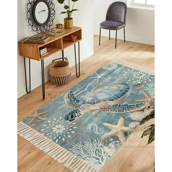 Teal Coastal Turtle Area Rug 3x5ft Woven Runner Rug,Nautical Ocean Starfish Coral Washable Living Room Hallway Bedroom Kitchen Carpet with Tassels,Indoor Outdoor Throw Door Mat for Entryway