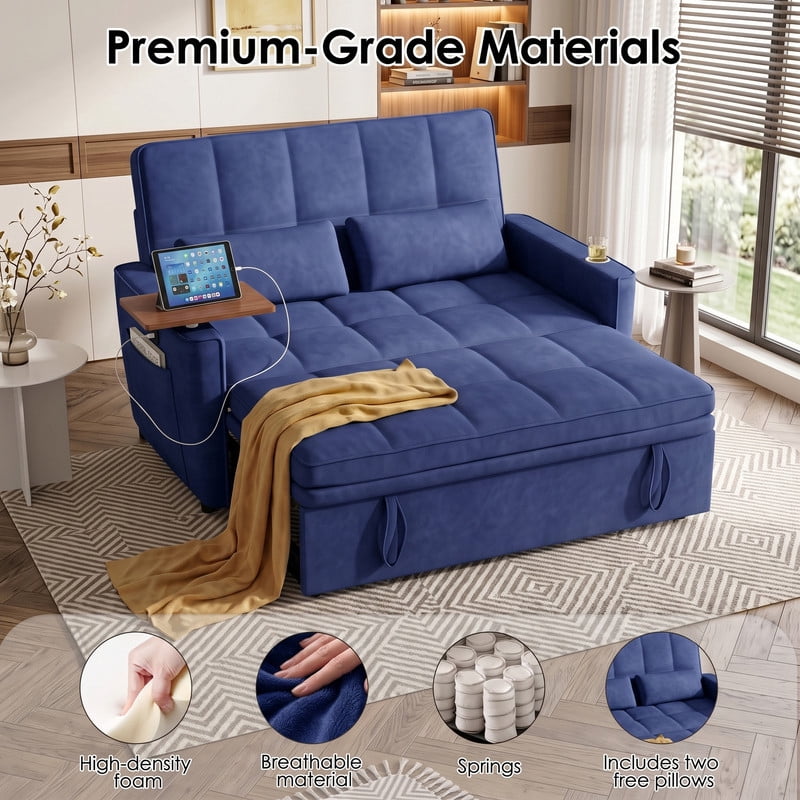 Anpport 3‑in‑1 Convertible Sleeper Sofa Bed, Pull‑Out Sofa with Side Desk, USB Ports, Cup Holders, Storage Armrests & Adjustable Backrest for Living Room Apartment, Blue