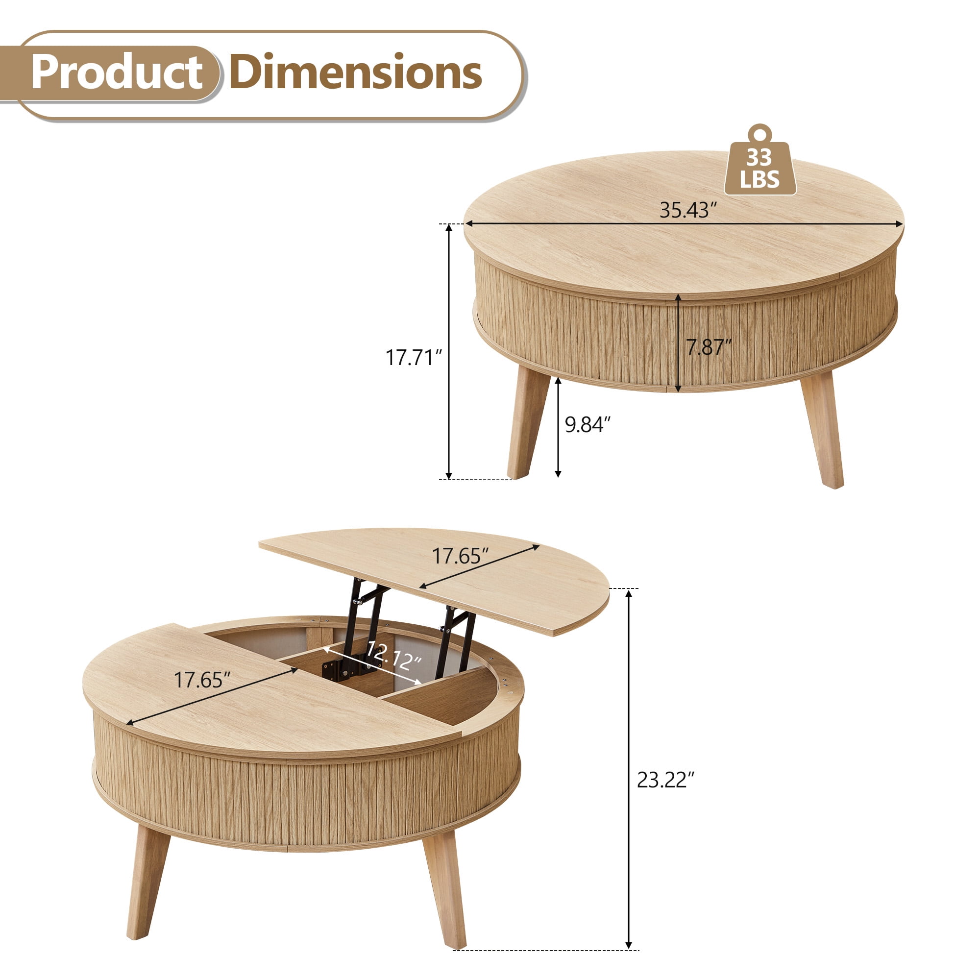 PHOYAL 4 in 1 Fluted Round Coffee Table with Flip Top and Lift Top, Round Coffee Table with Hidden Compartments Storage for Living Room, Natural