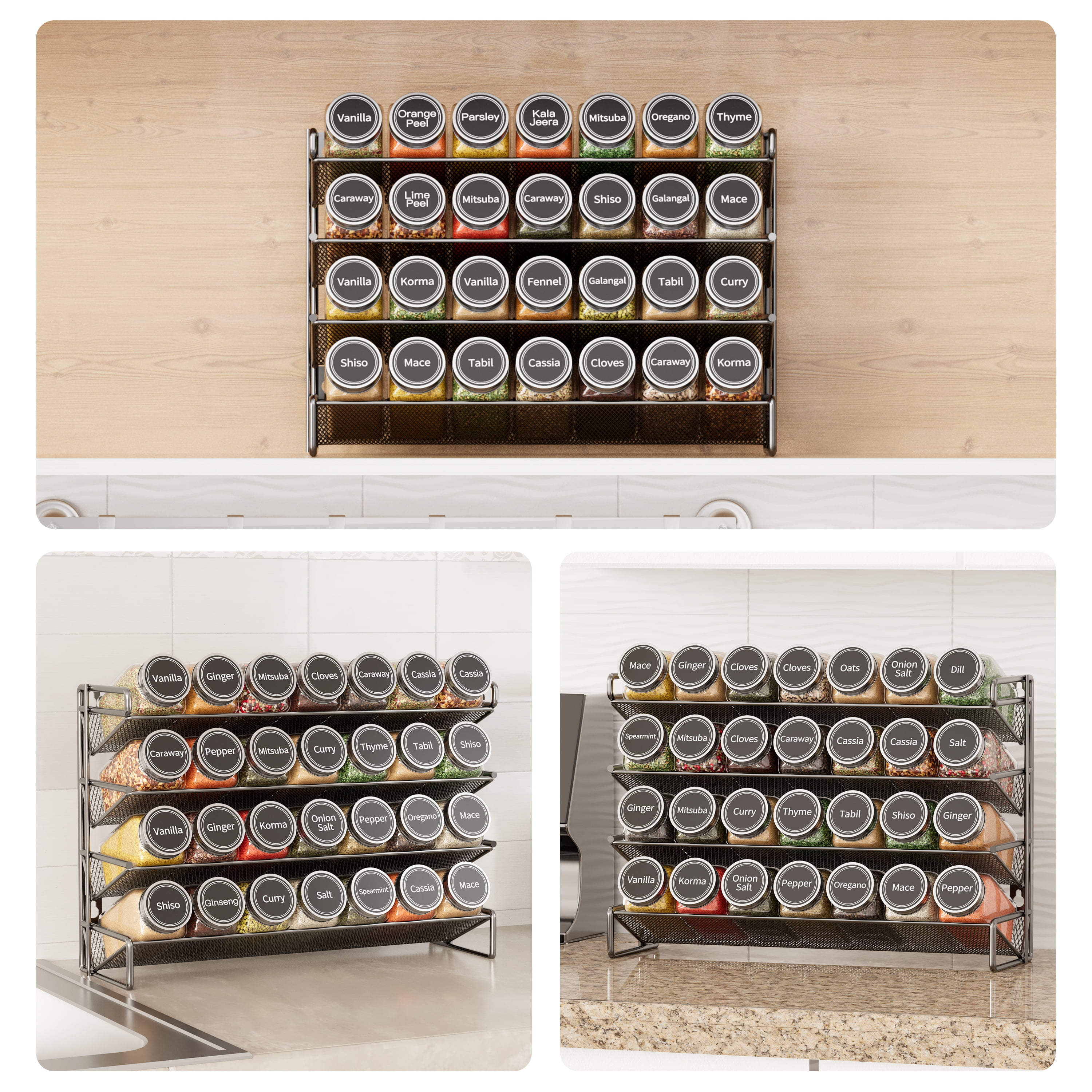 SpaceAid Spice Rack Organizer with 28 Jars, 4.33"D x 13.33"W x 10.5"H, Black