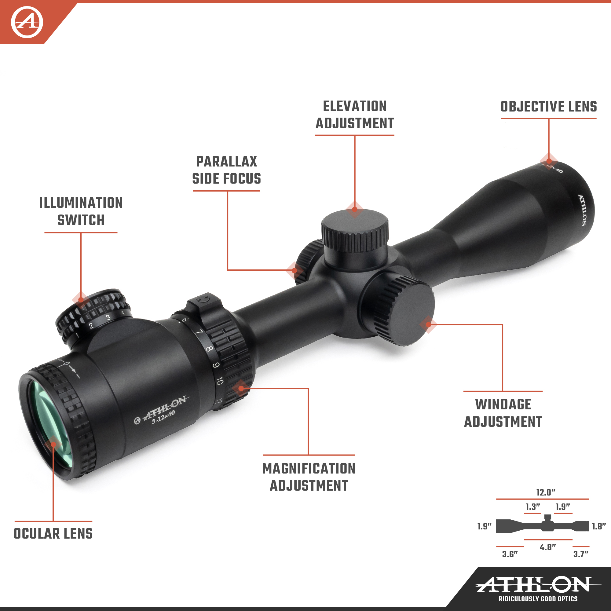 Athlon Optics Talos Riflescope, 3-12x40mm, 25.40mm Main Tube, BDC 600 IR, Black