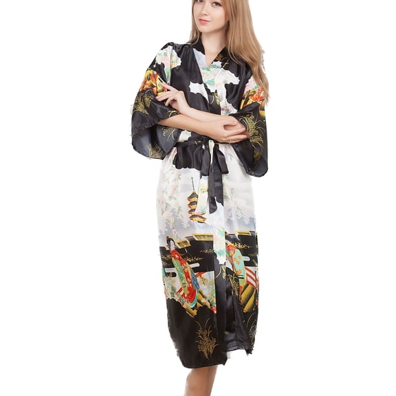Defitshape Women's Silk Robe Soft Printed Summer Pjs Silky Thin Lightweight House Satin Bathrobe Belted Spring V Neck Cool Sleepwear Black Small-X-Large