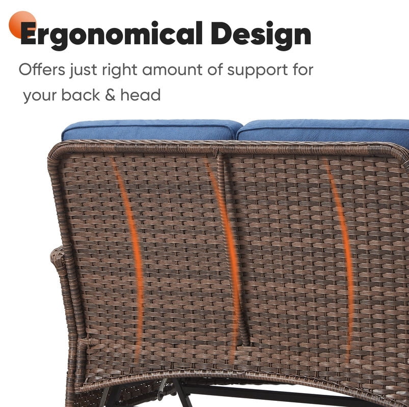 PARKWELL 5 Pieces Outdoor Patio Furniture Set with Fire Pit Table,All Weather Wicker Cushioned Rocking Chairs,Loveseat Glider for Garden Lawn Balcony Porch Deck,Brown/Navy