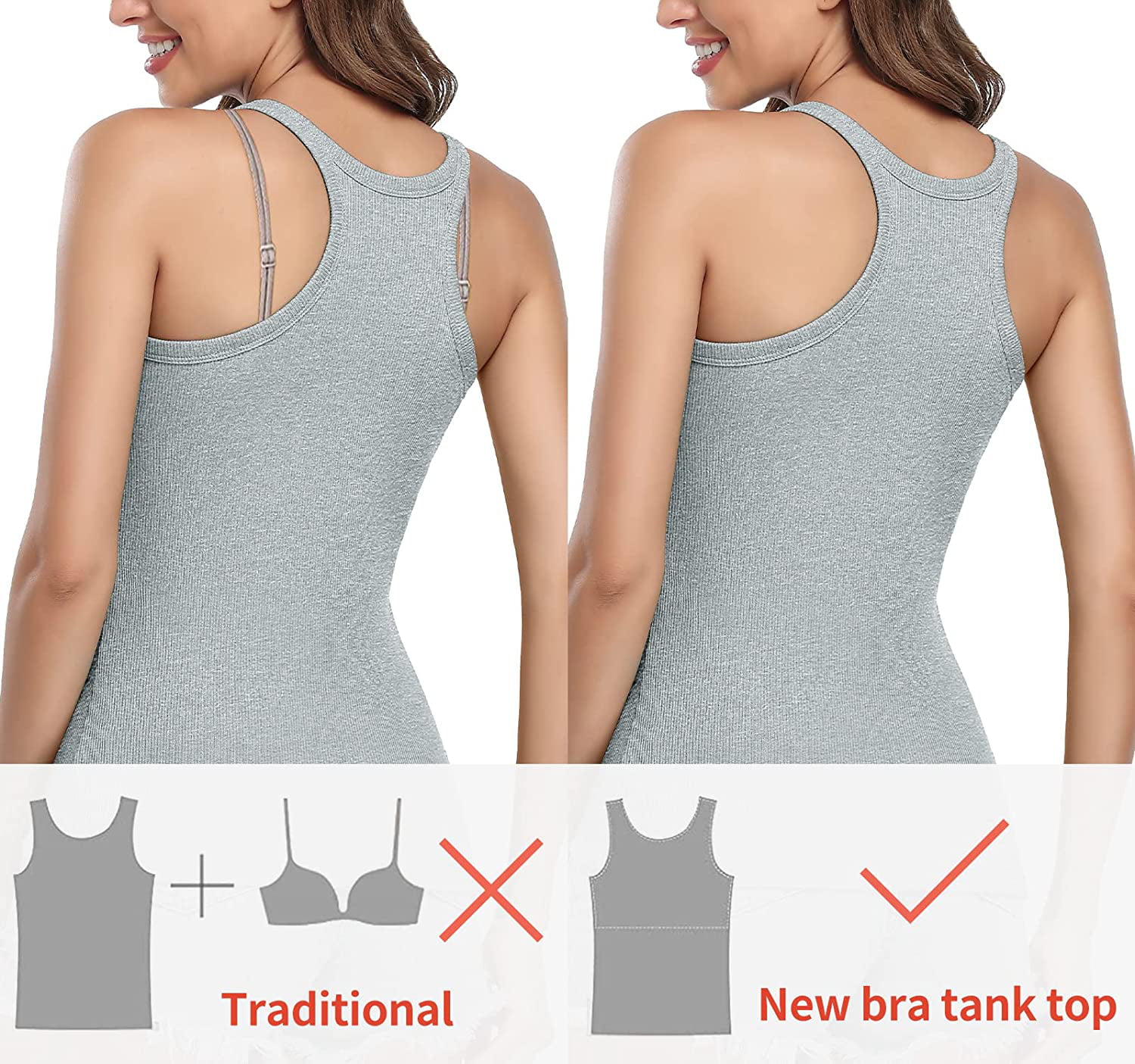  Tank Tops For Women Built In Bra Cotton Shelf Bra Tanks  Layering Undershirts 2-3 Pack Black Darkgray Amygreen S