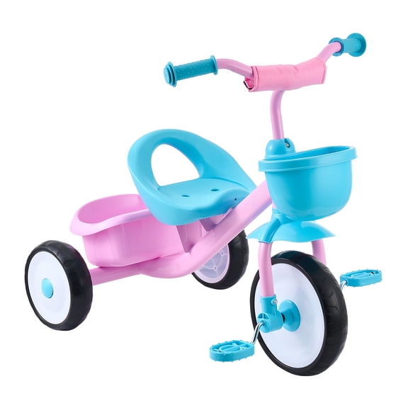 KFFKFF Toddler Tricycle for Ages 2-5, Kids' Trike with Adjustable Seat, Storage Basket, Durable Steel Frame, Comfortable Handlebar Grips, Outdoor Play Tricycle, Gift for Boys and Girls