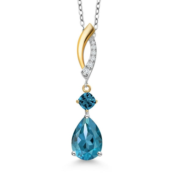 Gem Stone King 925 Silver and 10K Yellow Gold London Blue Topaz and Lab Grown Diamond Pendant Necklace for Women | 2.81 Cttw | Gemstone November Birthstone | Pear Shape 10X7MM | With 18 inch Chain