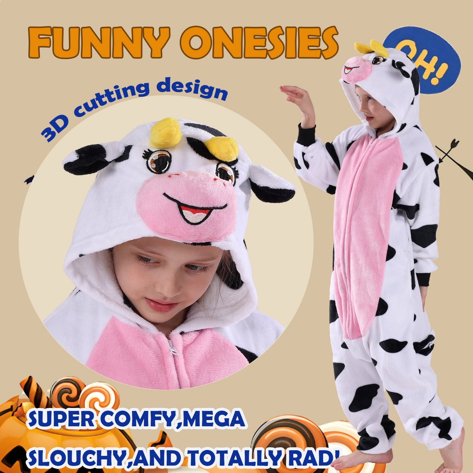 SWEETXIN Kids Cow Onesie Pajamas Halloween Plush Costume Sleepwear Christmas Gift for Girls Boys Jumpsuit 8Years