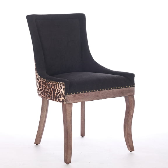 Ultra Side Dining Chairs Set of 2, Leopard Print Thick Fabric High Back Dining Chairs with Bronze Nail Head, Neutral Toned Solid Wood Legs Mid-Century Accent Chairs-Leopard + Fabric + Foam