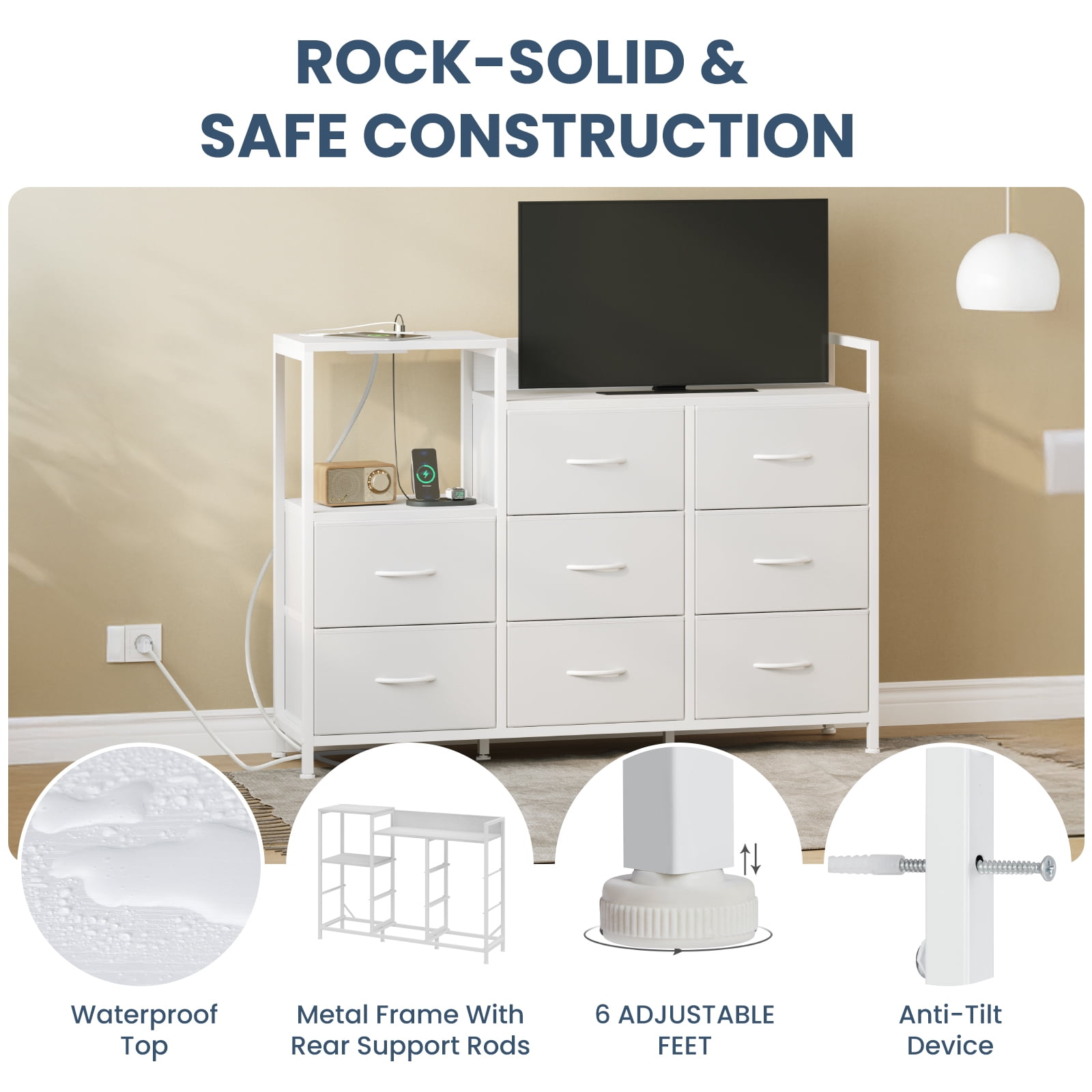 EDX 8 Drawer Dresser TV Stand, with Power Outlets and Open Shelves, for Bedroom and Living Room, White