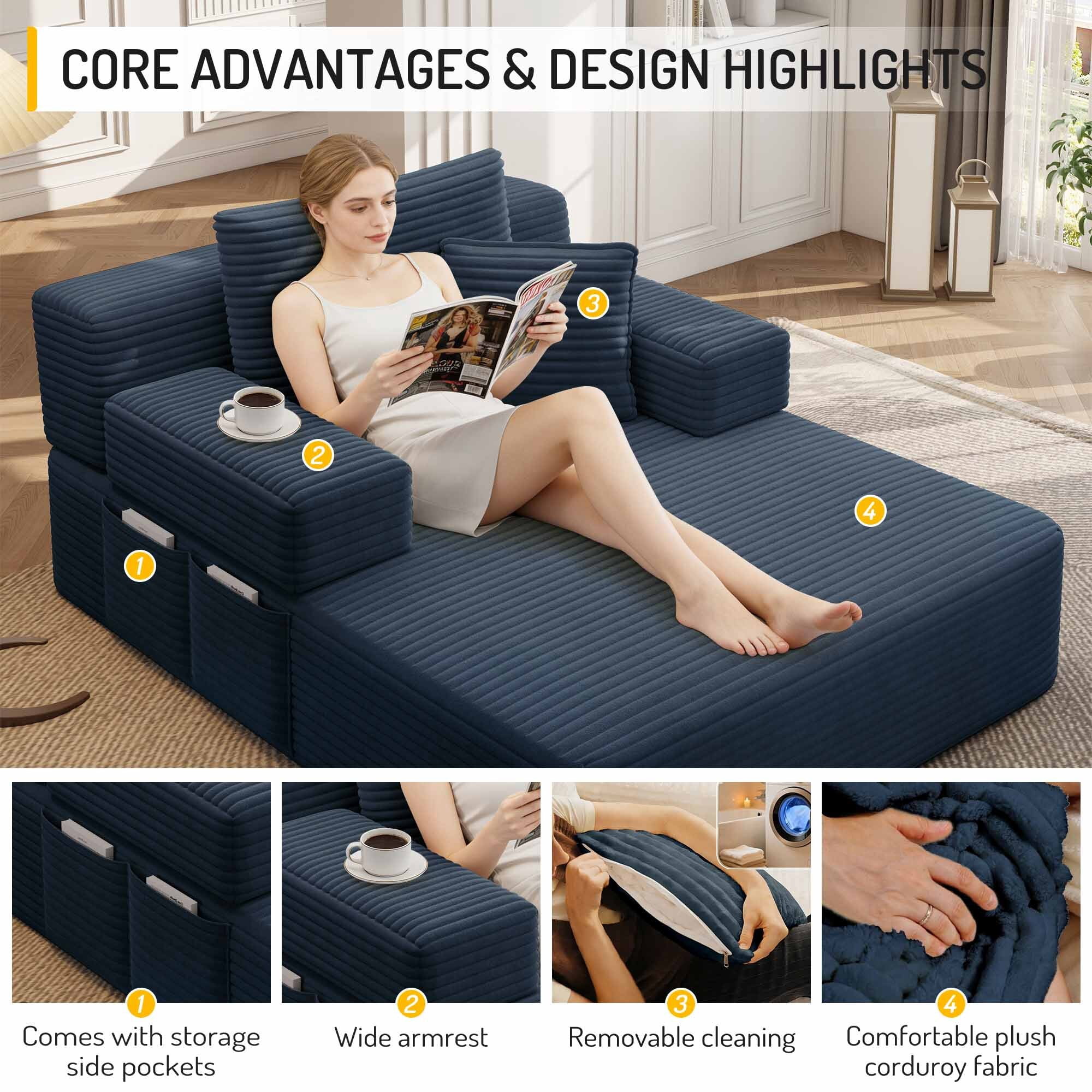 Lunale Boneless Chaise Lounge Chair Indoor, Oversized Convertible Sofa Bed, Cloud Corduroy Sofa Chair for Living Room, Blue