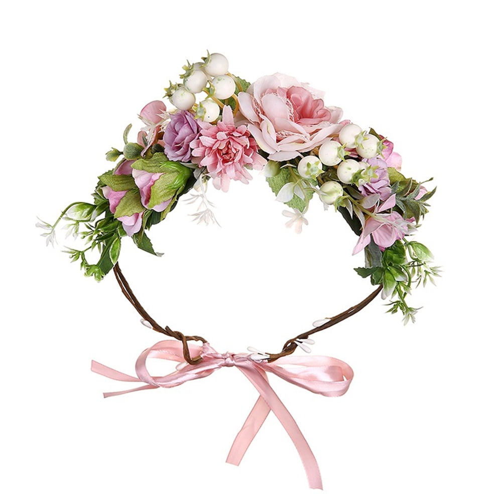 Pink flower girl wreath halo headpiece with long ribbons 