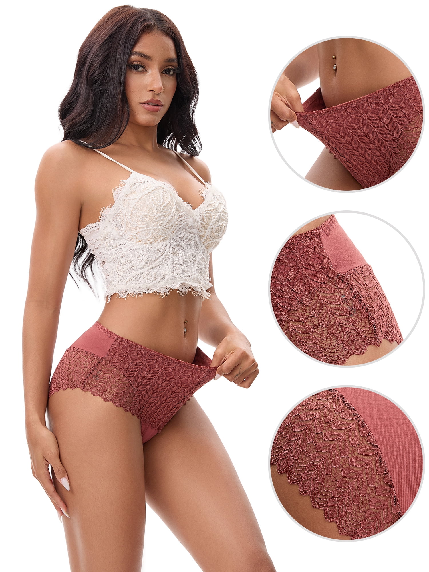 Unique Bargains Mid Rise Breathable Lace Underwear Briefs S Coffee