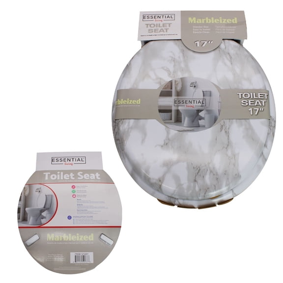 17 Inch Round Marbleized Toilet Seat, Black White Marble Pattern Decorative Toilet Seat, Standard Size Easy‑to‑Install Replacement Toilet Seat for Bathroom