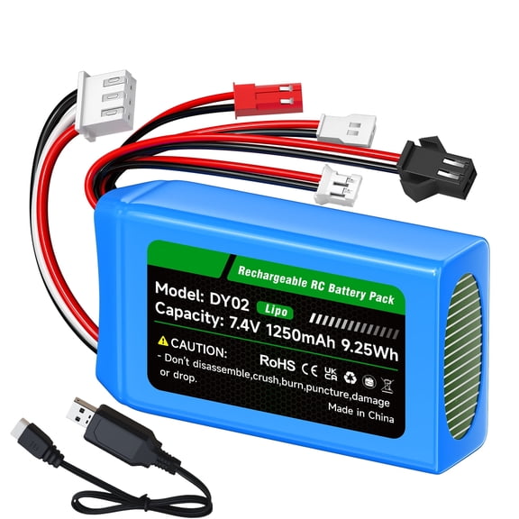 7.4V Lipo Battery 1250mAh 2S 25C Rechargeable Battery with JST/PH2.0/SM2.0/MX2.0 Plug for SCX24 CR18P FCX18 FCX24 RC Crawler WLtoys A949 A959 A969 A979 K929, 1/16,1/18,1/24 Scale RC Car,Boat(1 Pack)
