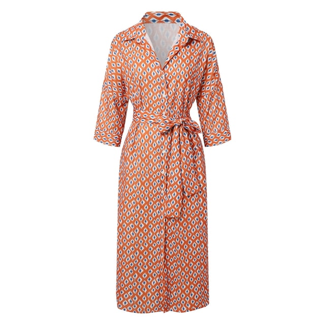 XDZJLR Robes pour Femmes Mode Classique Rayée Bouton Col en V Mi-Longue Chemise Jupe