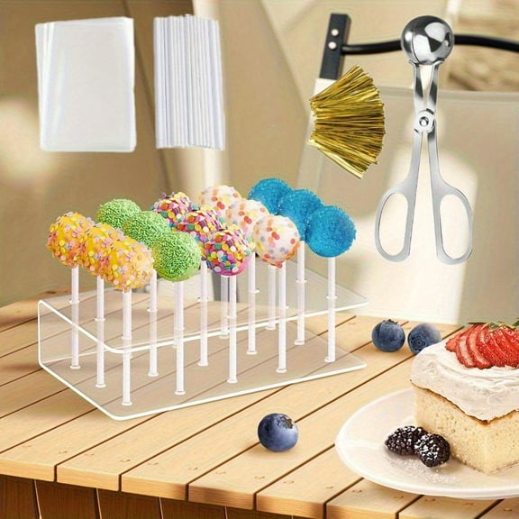 2PCS Cake Pop Display Stand with 1 PCS Cake Pop Mold, 100 PCS Cake Pop Sticks, 100pcs Gold Twist Ties and 100 PCS Wrappers Kit, 15 Hole Clear Acrylic Lollipop Holder for Weddings Birthday Parties