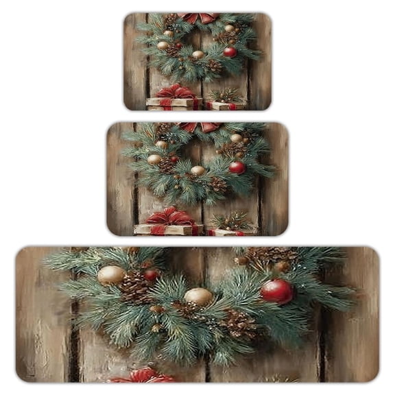 RKSupls Kitchen Rug Set 3 Piece Anti-Slip Flannel Floor Mats, Christmas Wreath Gifts Washable Absorbent Runner Mats for Kitchen Bathroom Home Decor