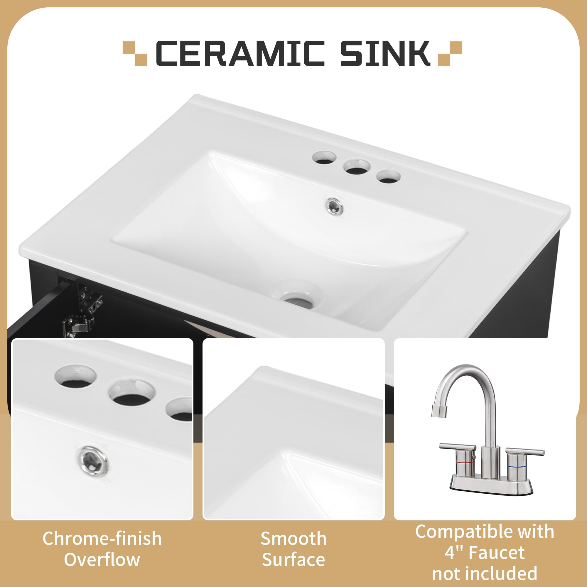 Aukfa 24" Bathroom Vanity with Ceramic Sink, Freestanding Solid Wood Base Cabinet,3 Drawers & Side StorageBlack