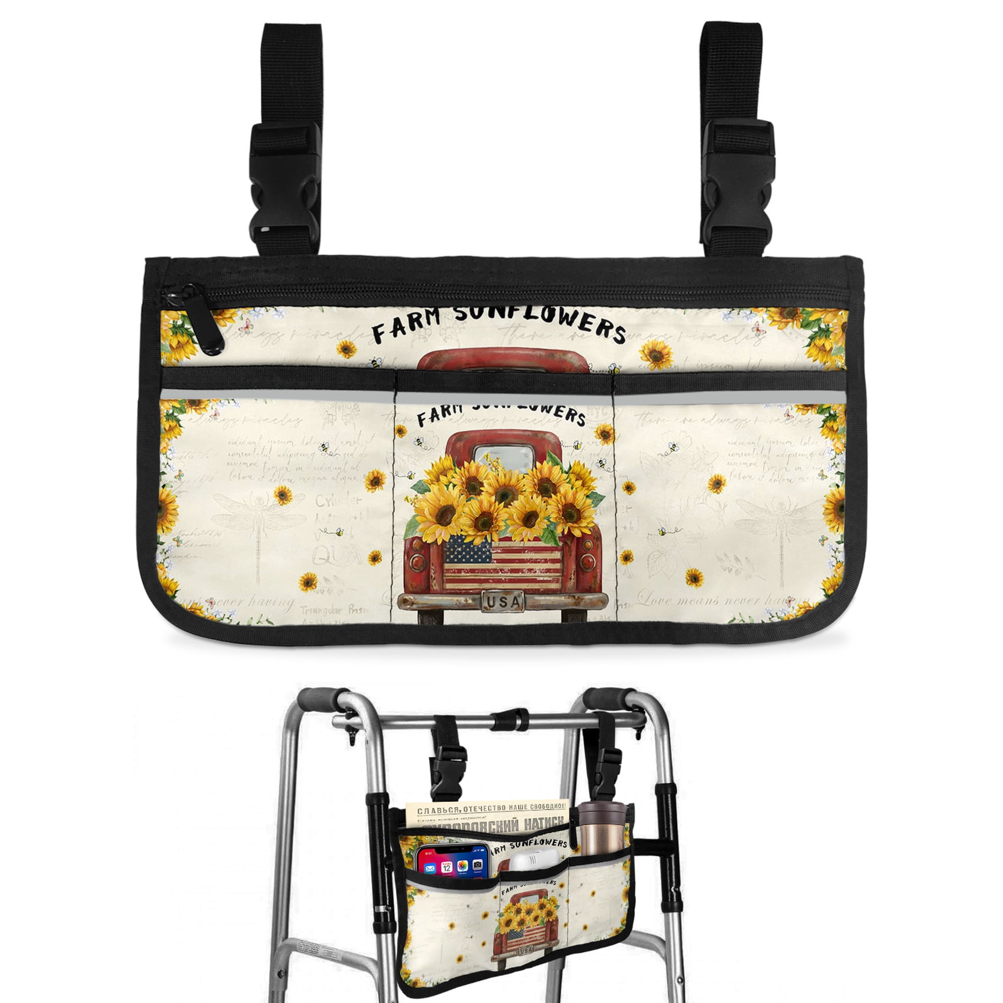 Farm Sunflowers Wheelchair Side Bag with Cup Holder, Summer Yellow Floral Leaves Red Truck Beige Wheelchair Armrest Bag Storage Pouch Adults, Seniors for Walkers, Rollator, Scooter