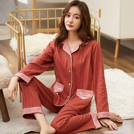 

PIKADINGNIS Women Sleepwear Suit Spring Autumn Womens Knitting Cotton Long Sleeve Pajamas Set Loose Adult Mother Pijama Set Soft Home Cloth