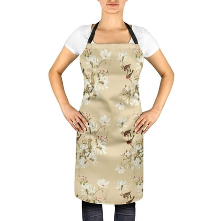 

S4Sassy Beige Bird & Magnolia Floral Menâ€™s Cooking Kitchen Washable Apron Adjustable BBQ Chef Bib-24 x 32 Inches